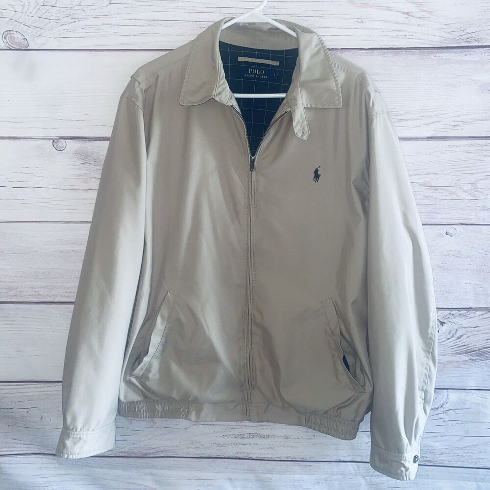 Polo Ralph Lauren Mens L Harrington Jacket Beige Plaid Lined Full Zip Pony